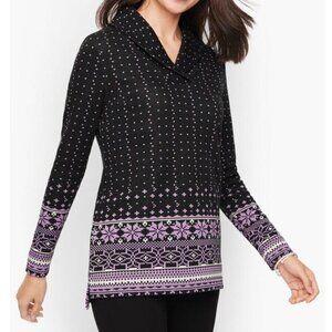 Talbots Fair Isle Tunic Top Womens Medium Black Jacquard Shawl Collar Pullover